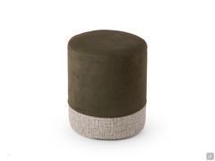 Detail of round pouf with upholstery in two colours/materials