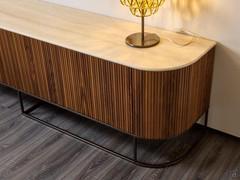Dune sideboard outlet in Canaletto walnut slatted wood with bronze lacquered metal base and matt travertine marble top