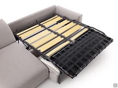 Detail of the mechanism with wooden slatted frame and elastic straps at the seat when the sofa is closed