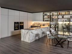 Klab 01 outlet horseshoe kitchen with marble-effect cladding and modern wall bookcase 