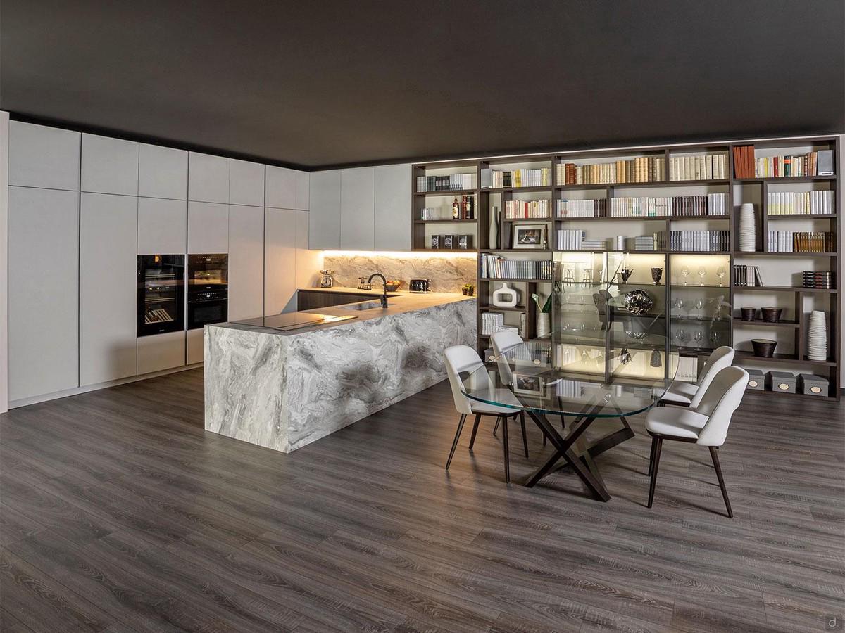 Klab 01 outlet horseshoe kitchen with marble-effect cladding and modern wall bookcase 