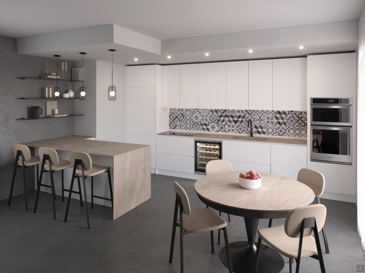 Modern white Klab 10 outlet linear kitchen with peninsula and integrated snack top