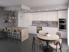 Modern white Klab 10 outlet linear kitchen with peninsula and integrated snack top