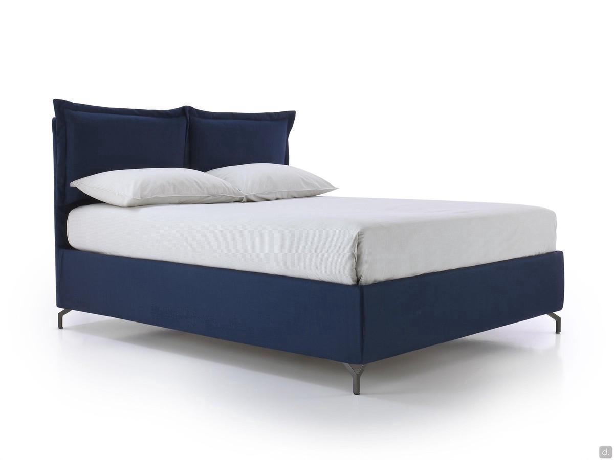 Upholstered bed with electric storage box, 30 cm high bed frame and headboard with attached cushions.