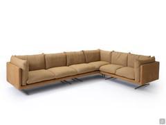 Aker outlet designer corner sofa with two-tone upholstery: Tivano leather structure in Daino colour and Andros fabric cushions