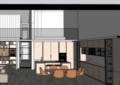 Front view of the open loft space: kitchen and dining area.