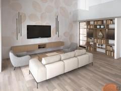 Living room area furnished with linear sofa, relaxing armchairs, suspended drawer under TV, custom-made wooden bookcase.
