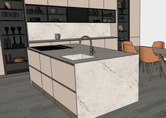 Kitchen island with induction hob with flush-fit hood and single-bowl sink. On the base unit storage drawers.