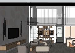 Front view of the open loft space: relaxation lounge area.