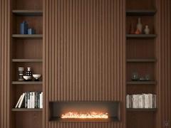 Living room set with Plissé decoration in tobacco oak and shelves in bronze metallic lacquer