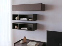 Fly floating open elements in Newfoundland matte lacquer, real horizontal shelves combined with the flap wall unit from the same collection