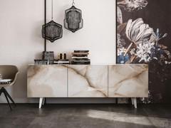 Metropol modern sideboard with ceramic doors by Cattelan in Alabaster Keramik stone marble and white embossed metal