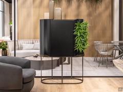 Oasi sideboard with matt black lacquered frame and high bronze metal base