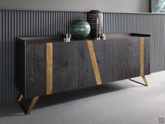 Pilar wooden sideboard with hinged doors, here proposed with metal inserts on the fronts and 20 cm base with inclined brackets