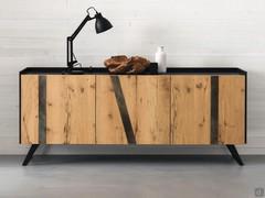Pilar sideboard with oak doors, grey textured melamine structure and oxidised metal door inserts