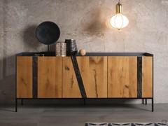 Sideboard with Pilar wooden hinged doors, in the version with ceramic inlays and Kuba oak doors with a rustic, knotty effect