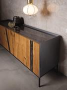Pilar sideboard with ceramic top, combined with inserts on doors in customisable finish