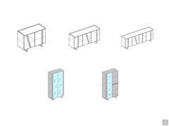 Overview of the elements available in the Pilar collection: sideboards with 2, 3 and 4 doors and two cabinets others with double glass doors or with glass and wood doors