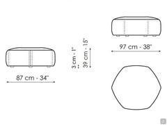Panorama New sectional sofa with hexagonal elements - Diagram and measurements of the pouf, also available in the version with wheels which has the same volume