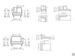 Diagrams and measurements of the chaise longue, meridienne and corner elements of Bonaldo's Lars sofa