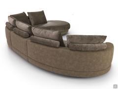 Rear view of the Cancun curved-back sofa, here in a two-tone version, with faux-leather structure and fabric cushions