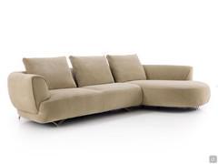 Galway modern sofa with peninsula, here proposed with upholstery in Morris fabric, a chenille that with its soft hand enhances the soft, curved shapes