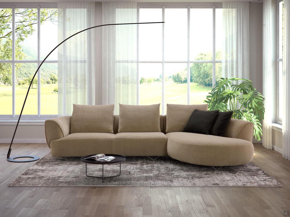 Modern sofa in Galway fabric featuring seats, backs and armrests with soft, rounded profiles 