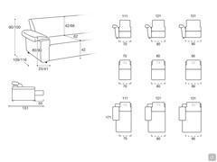 Modularity and dimensions available for the Nevis sofa: end and centre pieces with fixed or relaxation seating, chaise longue
