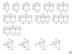 Elements and modularity available for the Galway sofa: end elements, curved end elements and curved centre elements
