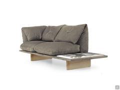 Linear sofa with integrated coffee table - matching upholstery for the base and cushions with natural oak feet