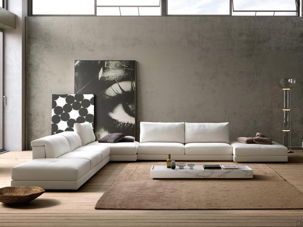 Dayton low sectional sofa with liftable backrests, here proposed in a large unstructured corner solution
