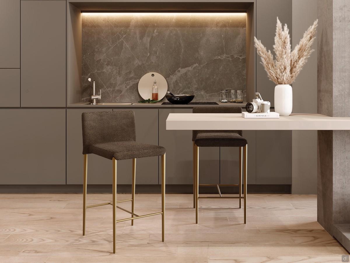  Pair of Depay stools with bronze painted metal frame, a typical use with 'snack' peninsula