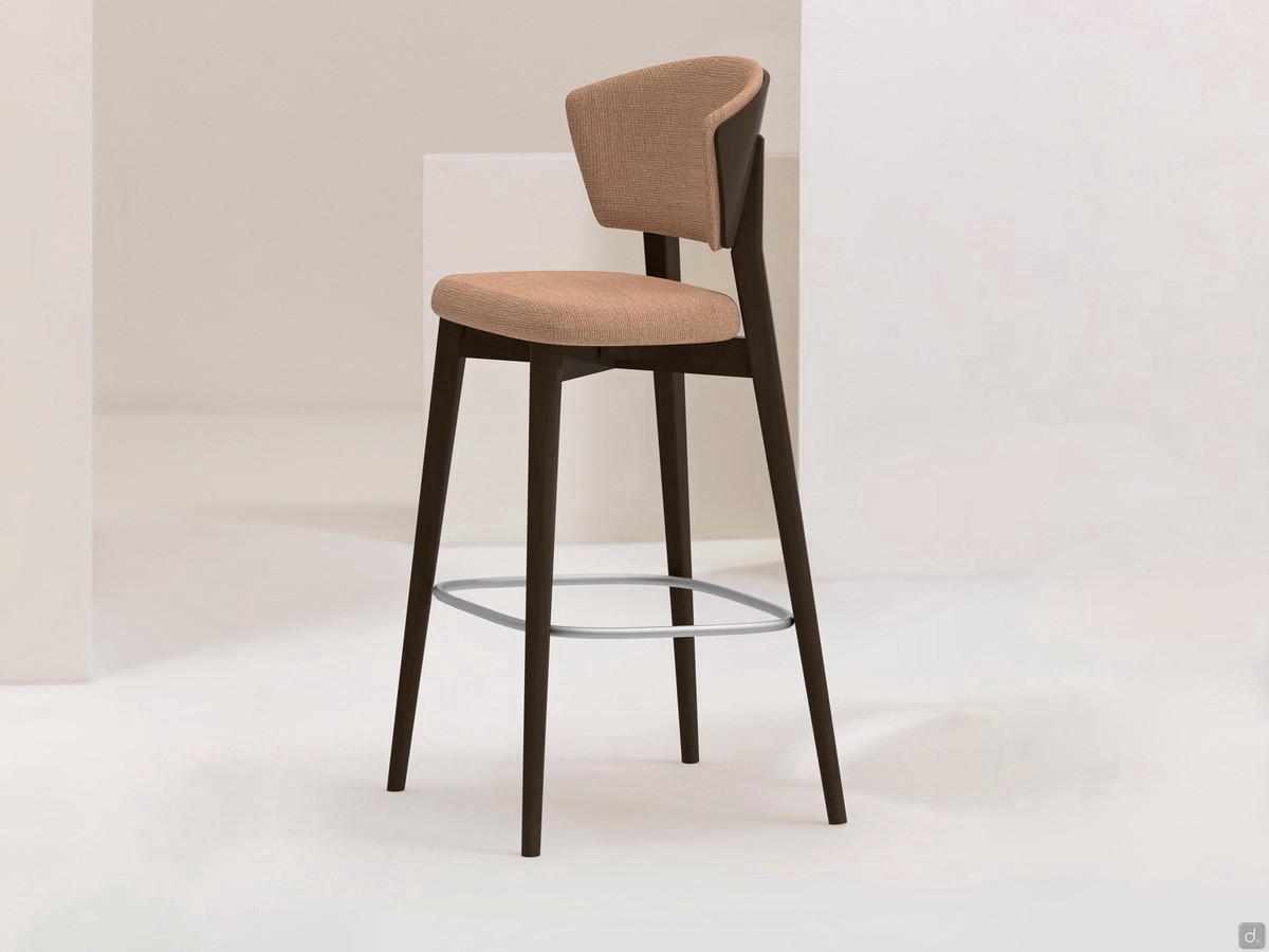 Atena wooden barstool for the living room with beech frame, upholstered seat and backrest, with metal perimeter footrest