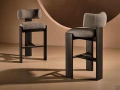 Lilac upholstered kitchen bar stool with wooden legs in solid ash wood, and a low, curved backrest