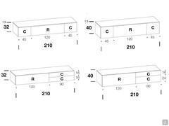 Fly TV stand - center or side flap models, overlapping or side drawers, width cm 210