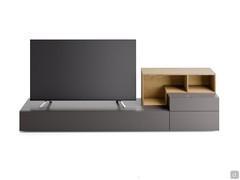 Fly Open lacquered TV stand with wood veneer open element. TV stand with screen size 65 inches