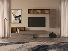 Fly Open TV cabinet with drawers and drop-down door, which can be combined with the matching wall units to create a custom-made wall composition