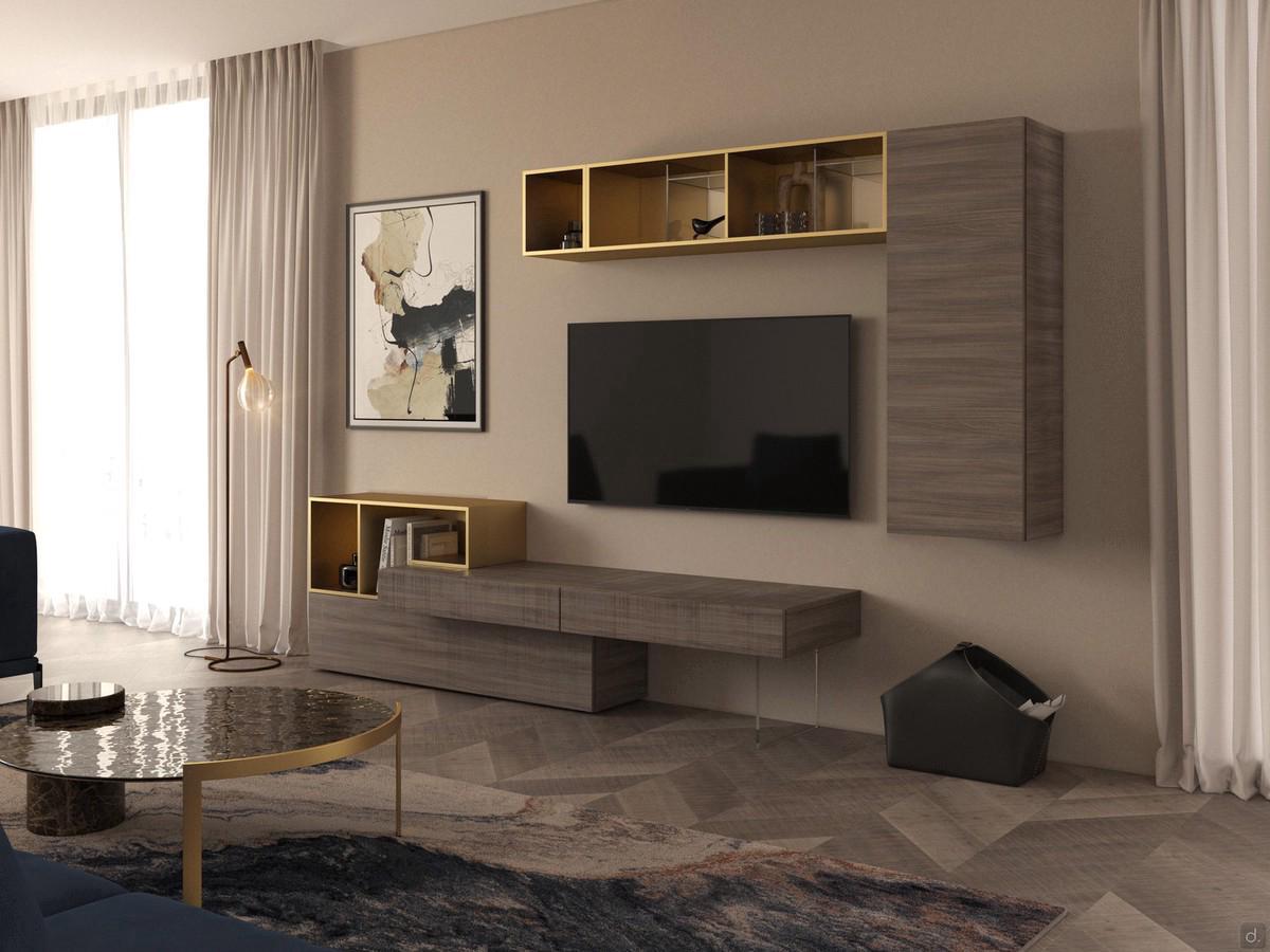 Fly Open TV cabinet with drawers and drop-door, with metallic lacquered open element and matching wall unit composition