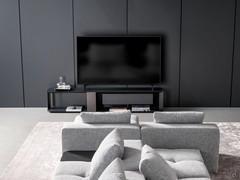 Paddle TV stand by Bonaldo with wooden tops veneered in Coal Oak, vertical structural elements in Gunmetal painted metal, drawer matt lacquered Gunmetal