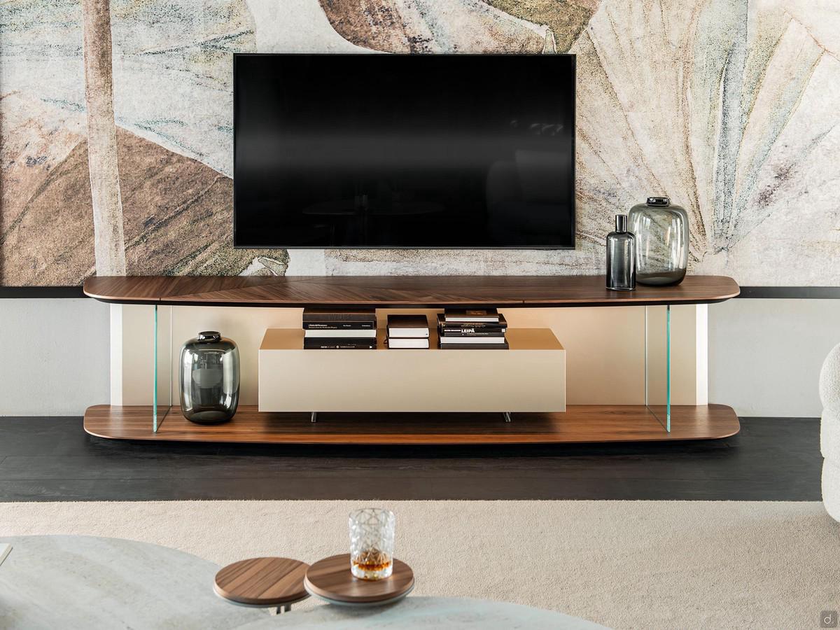 Altavista wooden TV stand cabinet 60 cm high by Cattelan - Top and base in canaletto walnut wood with burnt oak details; inside sides in bevelled glass; storage unit and back panel in matt titanium lacquer