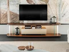 Altavista wooden TV stand cabinet 60 cm high by Cattelan - Top and base in canaletto walnut wood with burnt oak details; inside sides in bevelled glass; storage unit and back panel in matt titanium lacquer