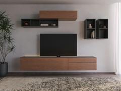 Fly wall-mounted TV stand with ceramic stone top Fly, equipped with stacked drawers, a drop-down door and ceramic stone top