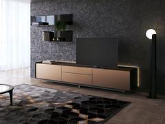 Columbus lacquered TV stand with wood frame, offered here with two central drawers and all fronts in bronze metallic lacquer