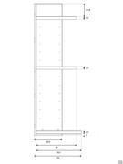 Diagram of the depths of the various elements that make up the Bay Wide walk-in wardrobe: floor bench, side panel, shelves and lid