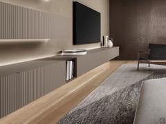 Suspended wall unit with drop-down base and wall units, complete with LED perimeter lighting.