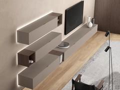 Wall unit complete with drop-down base units, wall units in hazelnut matt lacquer and contrasting open compartment in mocha oak.