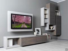 Bespoke wall system with suspended TV Park 11, grounded containers, hinged-door wall units, bookshelf shelves. Made in elm wood and lacquered