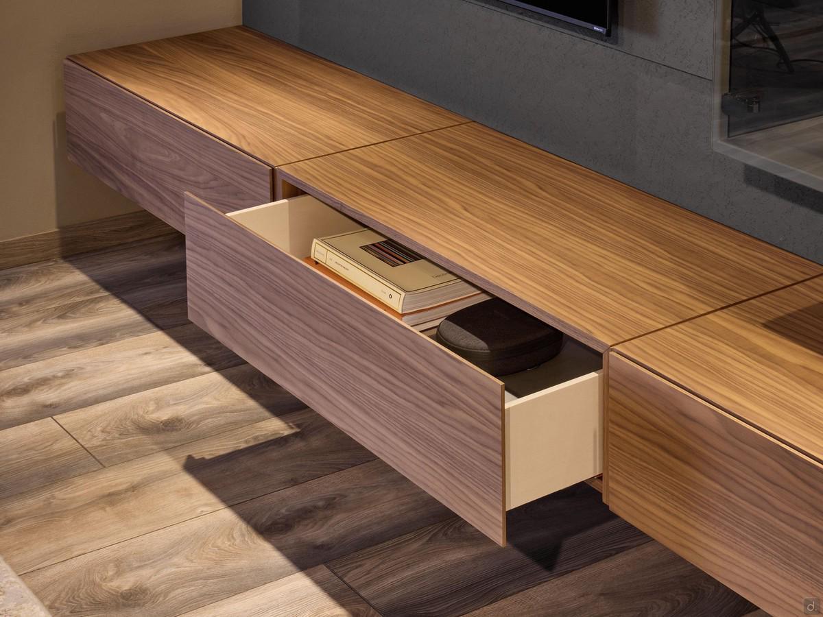 Freehand base cabinets with hanging drawers for living rooms, offered here in fine wood veneer worked "in bilia" (see Info for the Purchase)