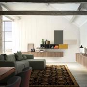 Plan 24 living room with Tobacco Oak melamine cabinets (out of production), open box and wall unit in Pine (out of production), upper drop down door unit in Taupe and lower drop down unit in Curcuma