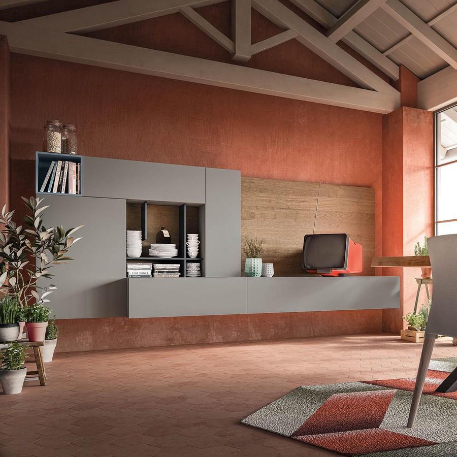 Plan 06 wall system with open boxes equipped with two functional wall mounted cabinets Platinum matt lacquer